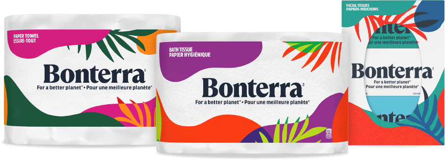 Bonterra Paper Towel, Bonterra Bath Tissue and Bonterra Facial Tissue. Les essuie-tout Bonterra, le papier hygiénique Bonterra, et les papiers-mouchoirs Bonterra.
